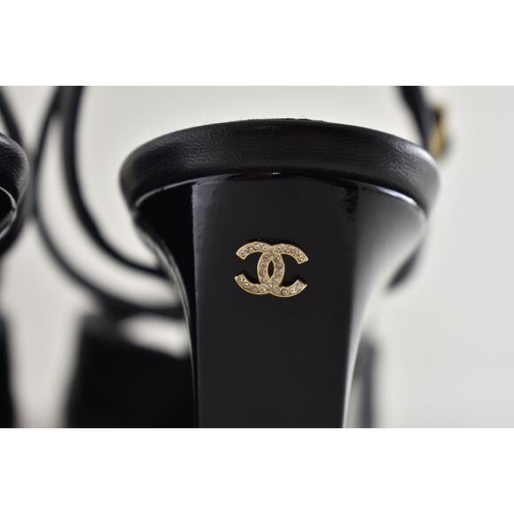 Chanel 24C Black Quilted Lambskin CC Crystal Logo Ankle Strap Sandal Wedge 38 - Picture 14 of 16